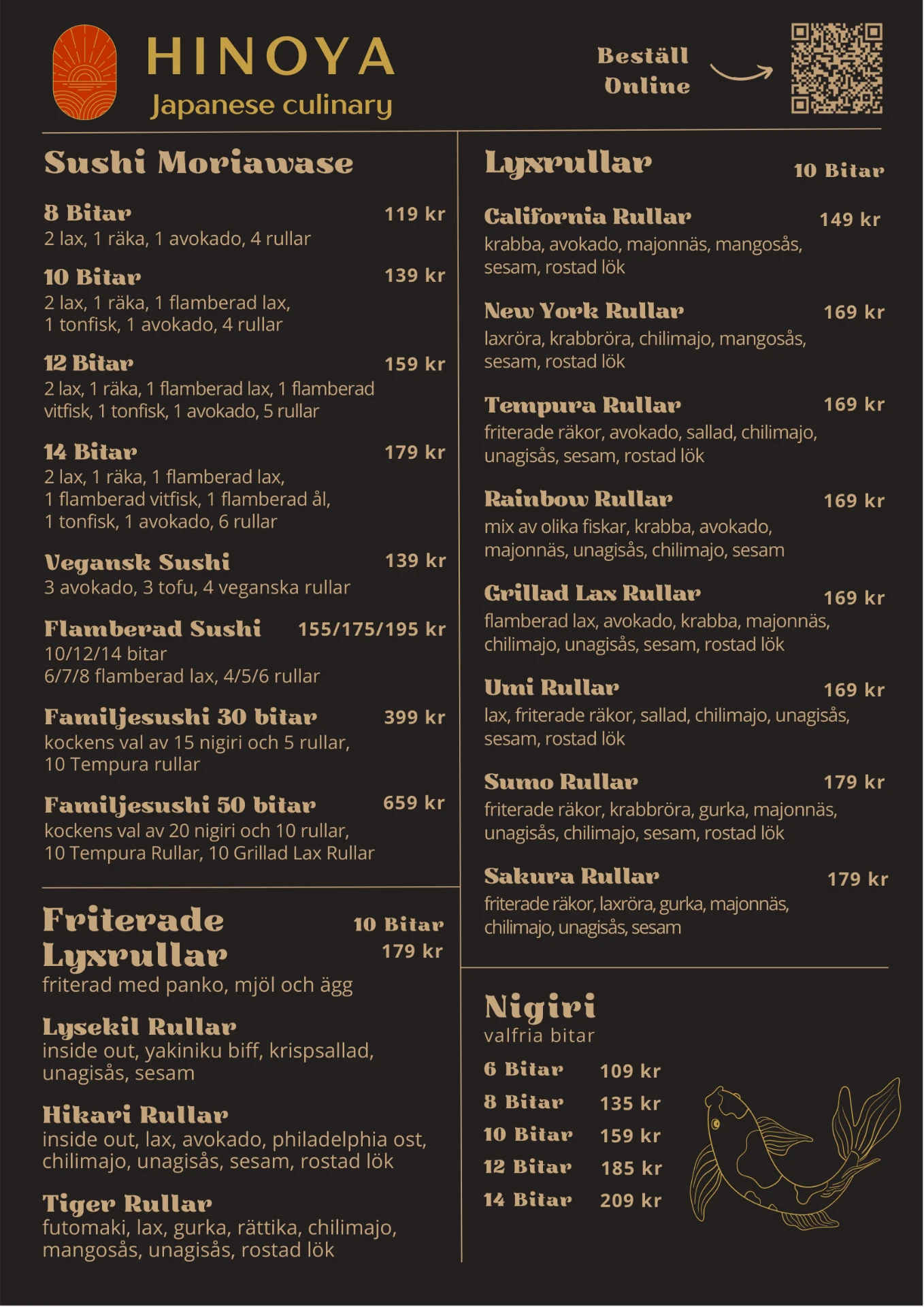 Hinoya meny sida 1 — sushi, rullar och nigiri