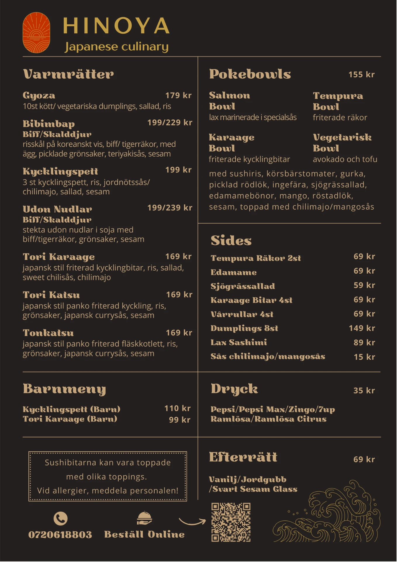 Hinoya meny sida 2 — varmrätter, pokebowls, dryck och efterrätt